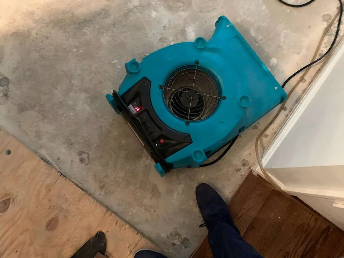 Air mover drying subfloor during Commercial Water Damage Restoration in Newberry